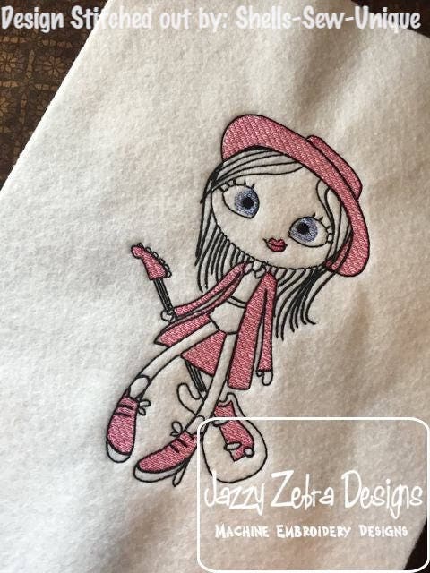 Swirly girl with guitar sketch machine embroidery design
