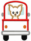 Truck with Chihuahua dog appliqué machine embroidery design