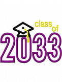 Class of 2033 with graduation cap appliqué machine embroidery design