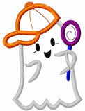 Ghost boy wearing baseball hat with candy sucker appliqué machine embroidery design