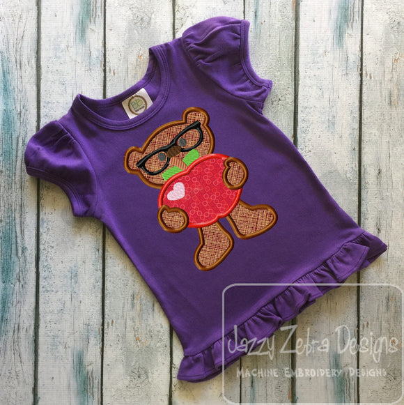Bear wearing glasses with Apple applique machine embroidery design