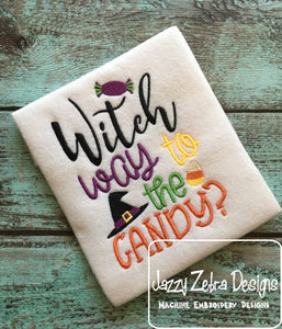 Witch way to the candy saying Halloween machine embroidery design