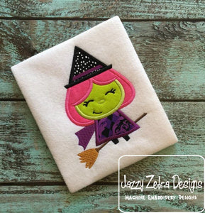 Witch on broom appliqué machine embroidery design