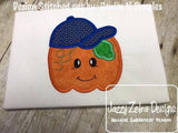 Pumpkin wearing baseball hat applique machine embroidery design