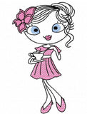 Swirly girl drinking coffee or tea sketch machine embroidery design