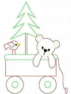 Wagon with Christmas tree, teddy bear and bird vintage stitch machine embroidery design