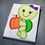 Turtle girl with pumpkin appliqué machine embroidery design