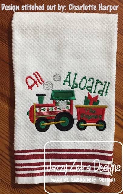 All Aboard saying Christmas train appliqué machine embroidery design