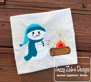 Snowman with campfire appliqué machine embroidery design