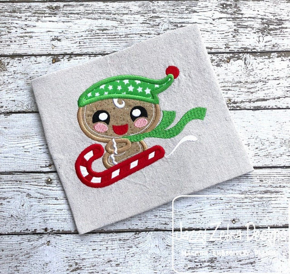 Gingerbread man on candy cane sled appliqué machine embroidery design