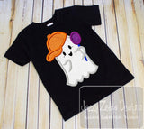 Ghost boy wearing baseball hat with candy sucker appliqué machine embroidery design