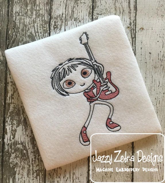 Swirly boy with guitar sketch machine embroidery design – Jazzy Zebra