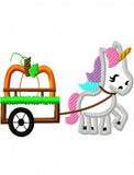Unicorn pulling cart with pumpkin appliqué machine embroidery design