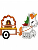 Unicorn pulling cart with Turkey appliqué machine embroidery design