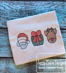 3 Christmas Trio santa, gift and reindeer sketch machine embroidery design - instant download design