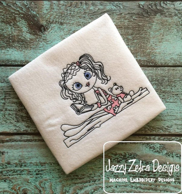 Swirly girl with teddy bear reading book sketch machine embroidery design
