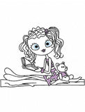 Swirly girl with teddy bear reading book sketch machine embroidery design