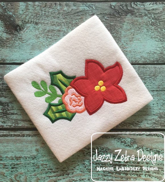 Poinsettia, rose and holly appliqué machine embroidery design