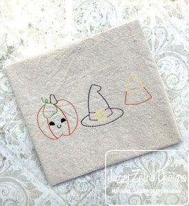 Halloween trio, pumpkin, candy corn and witch's hat vintage stitch machine embroidery design