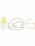 Thanksgiving trio, corn, turkey and pie vintage stitch machine embroidery design