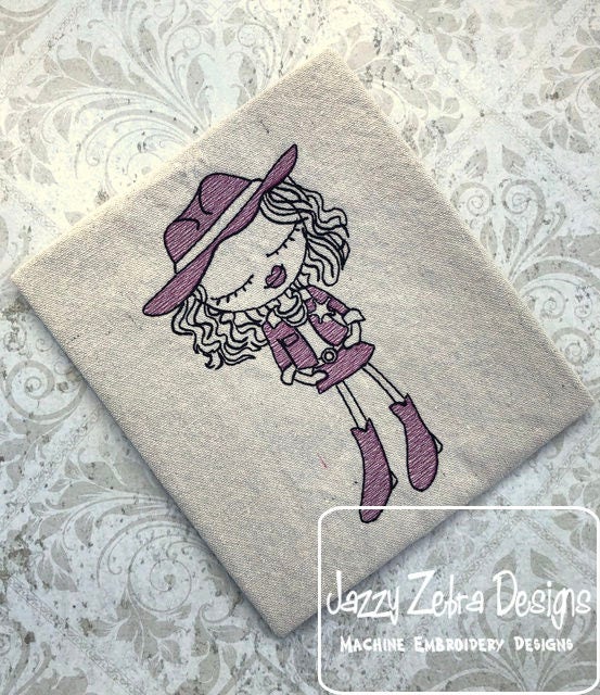 Swirly girl cowgirl sketch machine embroidery design