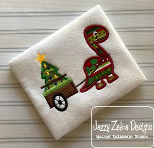 Dinosaur pulling cart with Christmas tree appliqué machine embroidery design