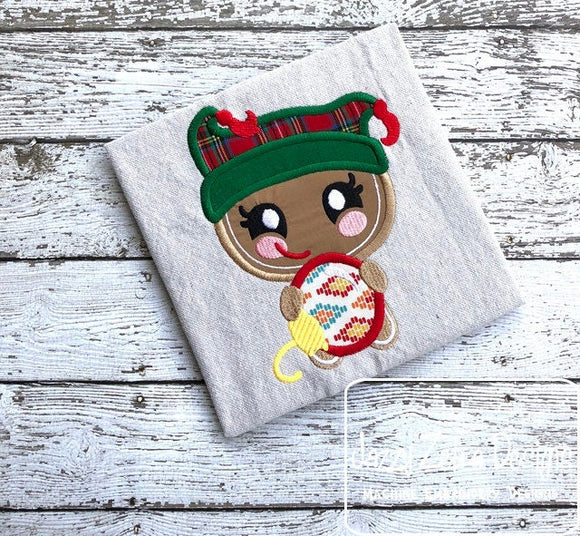 Gingerbread girl with Christmas ornament appliqué machine embroidery design