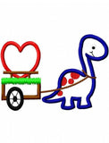 Dinosaur pulling cart with heart appliqué machine embroidery design