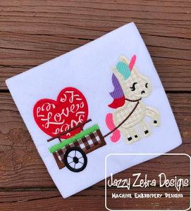 Unicorn pulling cart with heart appliqué machine embroidery design