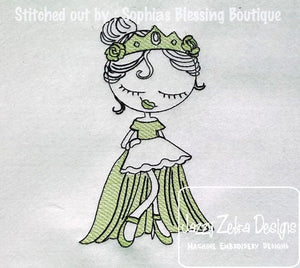 Swirly girl princess sketch machine embroidery design