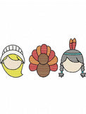 Thanksgiving girl trio, pilgrim, indian and turkey sketch machine embroidery design
