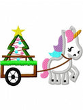 Unicorn pulling cart with Christmas tree appliqué machine embroidery design