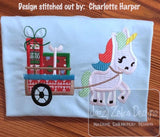 Christmas unicorn pulling cart of gifts appliqué machine embroidery design