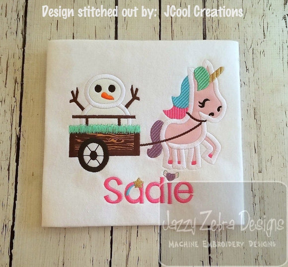 Winter unicorn pulling cart with snowman appliqué machine embroidery design