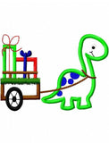 Dinosaur pulling cart with gifts or presents appliqué machine embroidery design