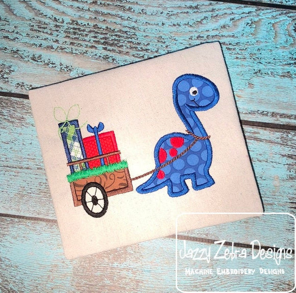 Dinosaur pulling cart with gifts or presents appliqué machine embroidery design