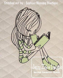 Swirly girl reading and drinking coffee sketch machine embroidery design