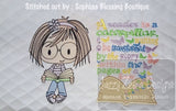 Girl with glasses reading book sketch machine embroidery design