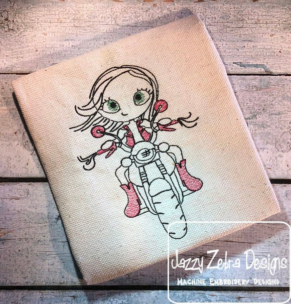 Swirly girl riding motorcycle sketch machine embroidery design