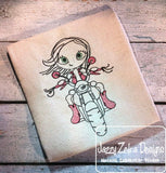 Swirly girl riding motorcycle sketch machine embroidery design