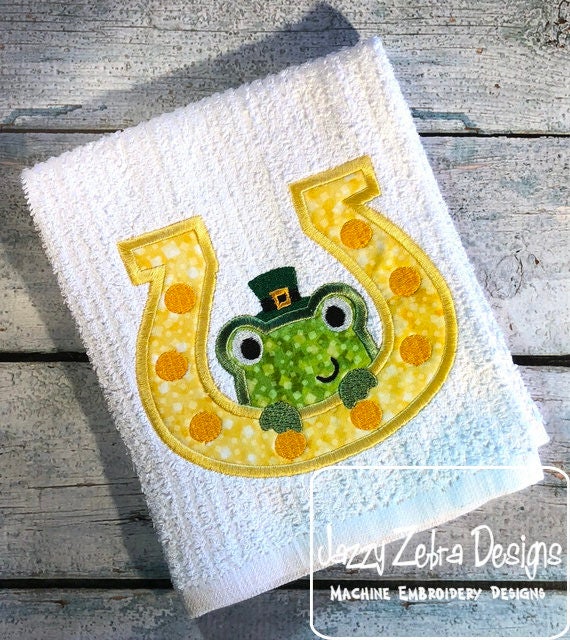 Lucky horse shoe with frog applique machine embroidery design