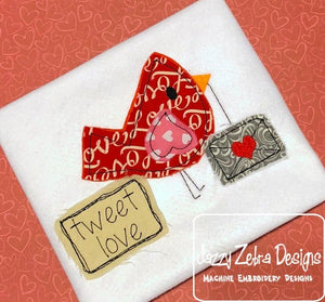 Tweet Love saying Valentine's Day Bird shabby chic bean stitch appliqué machine embroidery design
