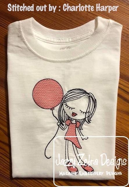 Swirly Girl with balloon sketch machine embroidery design