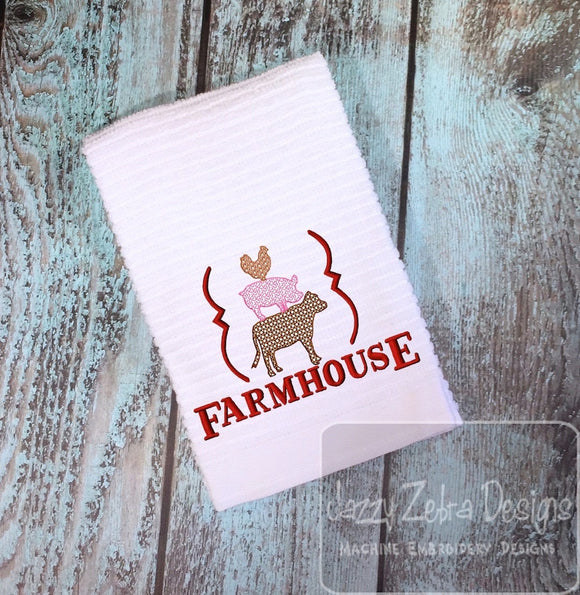 Farmhouse saying with cow, pig and chicken motif filled machine embroidery design
