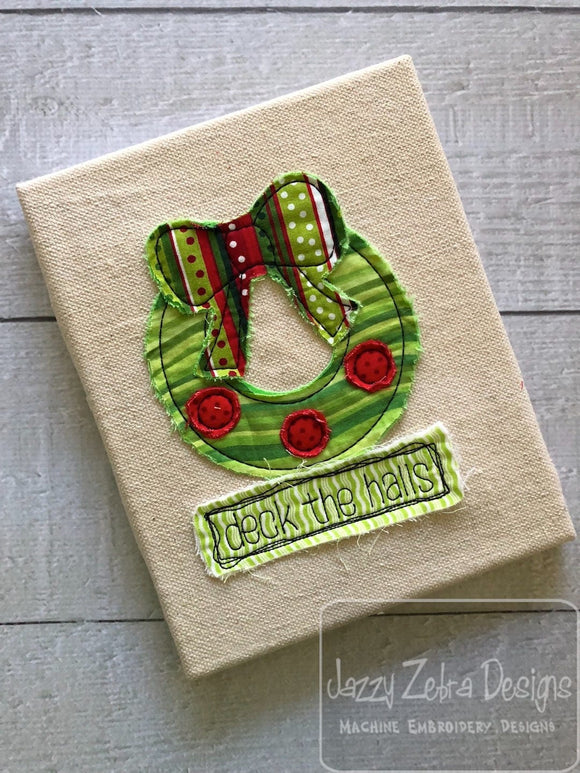 Deck the halls saying Christmas wreath shabby chic bean stitch appliqué machine embroidery design