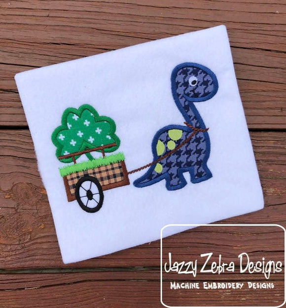 Dinosaur pulling cart with clover/shamrock appliqué machine embroidery design