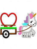 Unicorn pulling cart with heart appliqué machine embroidery design