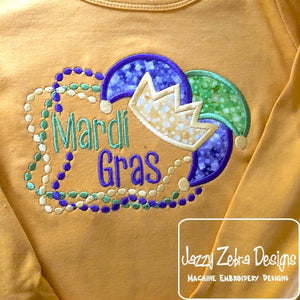 Mardi gras saying beads and hat appliqué machine embroidery design