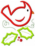 Winter Cardinal bird with holly appliqué machine embroidery design