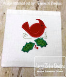 Winter Cardinal bird with holly appliqué machine embroidery design